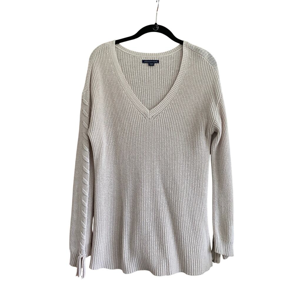 American Eagle V-Neck Lace Up Sleeve Cream Sweater Size Small